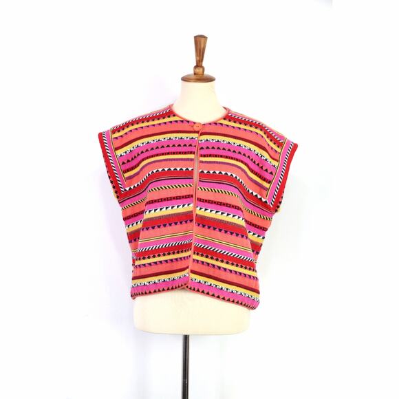 Vintage 90s Rodier pink orange yellow geometric striped open front cardigan OS - Picture 2 of 7